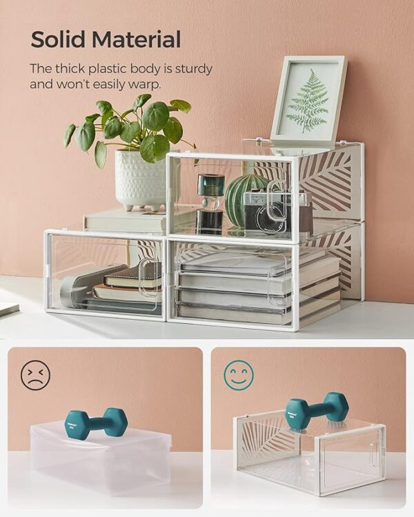 FRAMESPOT Clear Shoe Boxes, Set of 12 Shoe Storage Organsiers, Stackable, Breathable, and Foldable, for Max. UK Size 11, Display Trainers, High Heels, Transparent and White LSP106W12