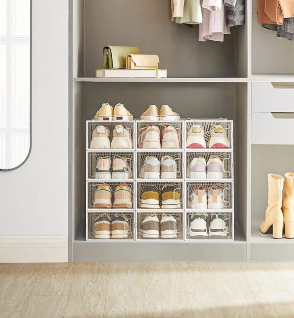 FRAMESPOT Clear Shoe Boxes, Set of 12 Shoe Storage Organsiers, Stackable, Breathable, and Foldable, for Max. UK Size 11, Display Trainers, High Heels, Transparent and White LSP106W12