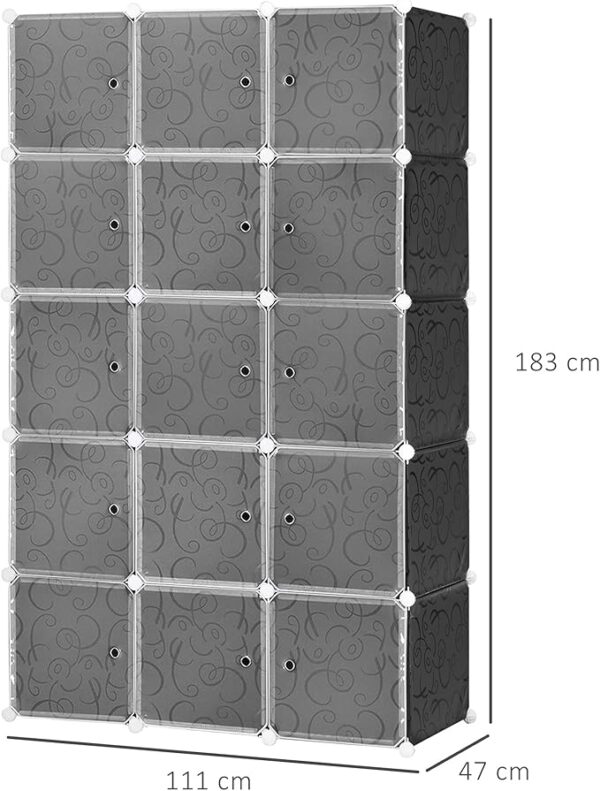 FS Portable Wardrobe for Bedroom, 15 Cube Closet with Hanging Rail, Modular Storage Cabinet, Plastic Armoire for Space Saving, White and Black