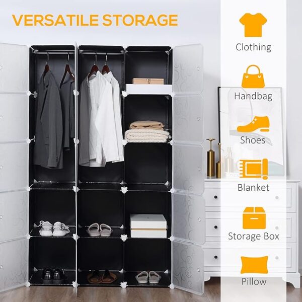 FS Portable Wardrobe for Bedroom, 15 Cube Closet with Hanging Rail, Modular Storage Cabinet, Plastic Armoire for Space Saving, White and Black