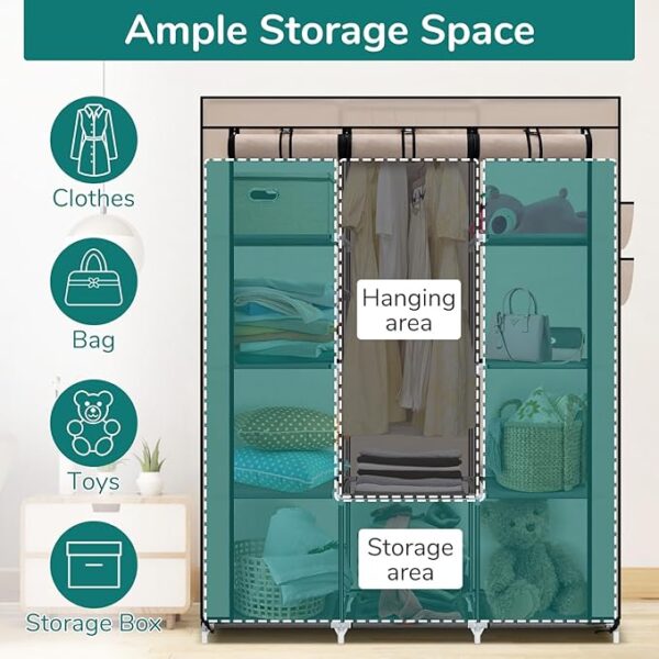 Canvas Wardrobe for Bedroom, Fabric Wardrobe Clothes Storage with 6 Shelves and Hanging Rail, Light Coffee Portable Wardrobe with 4 Side Pockets