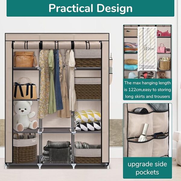 Canvas Wardrobe for Bedroom, Fabric Wardrobe Clothes Storage with 6 Shelves and Hanging Rail, Light Coffee Portable Wardrobe with 4 Side Pockets