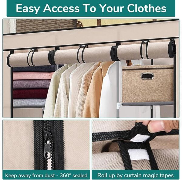 Canvas Wardrobe for Bedroom, Fabric Wardrobe Clothes Storage with 6 Shelves and Hanging Rail, Light Coffee Portable Wardrobe with 4 Side Pockets