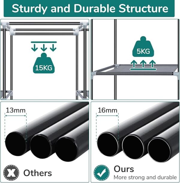 Canvas Wardrobe for Bedroom, Fabric Wardrobe Clothes Storage with 6 Shelves and Hanging Rail, Light Coffee Portable Wardrobe with 4 Side Pockets