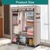 Canvas Wardrobe for Bedroom, Fabric Wardrobe Clothes Storage with 6 Shelves and Hanging Rail, Light Coffee Portable Wardrobe with 4 Side Pockets