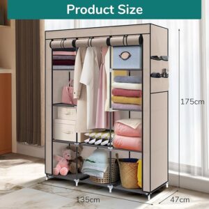 Canvas Wardrobe for Bedroom, Fabric Wardrobe Clothes Storage with 6 Shelves and Hanging Rail, Light Coffee Portable Wardrobe with 4 Side Pockets