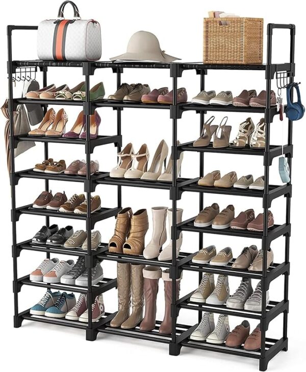 FRAMESPOT Shoe Rack, 8 Tier Shoe Storage Organizer with Hooks,Fit 42-50 Pairs Shoes,Mental Tall Shoe Shelf for Closet,Entryway,Garage,Bedroom,Cloakroom（140x127x30.5cm
