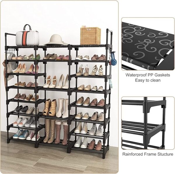 FRAMESPOT Shoe Rack, 8 Tier Shoe Storage Organizer with Hooks,Fit 42-50 Pairs Shoes,Mental Tall Shoe Shelf for Closet,Entryway,Garage,Bedroom,Cloakroom（140x127x30.5cm