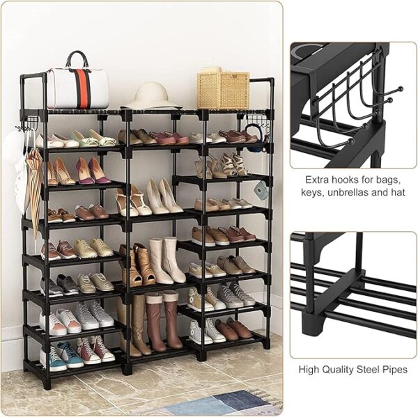 FRAMESPOT Shoe Rack, 8 Tier Shoe Storage Organizer with Hooks,Fit 42-50 Pairs Shoes,Mental Tall Shoe Shelf for Closet,Entryway,Garage,Bedroom,Cloakroom（140x127x30.5cm