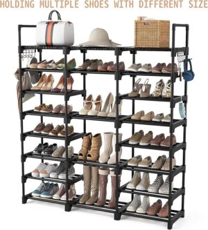 SP7.jpg FRAMESPOT Shoe Rack, 8 Tier Shoe Storage Organizer with Hooks,Fit 42-50 Pairs Shoes,Mental Tall Shoe Shelf for Closet,Entryway,Garage,Bedroom,Cloakroom(140x127x30.5cm