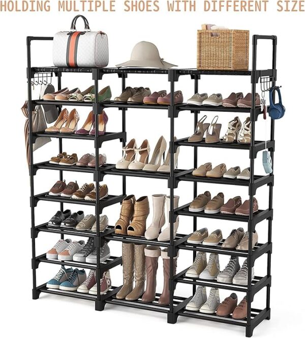 FRAMESPOT Shoe Rack, 8 Tier Shoe Storage Organizer with Hooks,Fit 42-50 Pairs Shoes,Mental Tall Shoe Shelf for Closet,Entryway,Garage,Bedroom,Cloakroom（140x127x30.5cm
