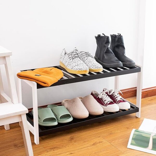 Bamboo Shoe Rack Natural – Easy Assembly & Strong Design Stand Shelf Organizer Ideal for Corridor, Bedroom, Bathroom, Hallway & Small Spaces, Large Capacity (Black/White, 2 Tier)