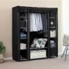 FS Fabric Canvas Wardrobe Cloth Wardrobes For Bedroom Clothes Storage Organiser With Hanging Rail Storage Cupboard Unit (Black)
