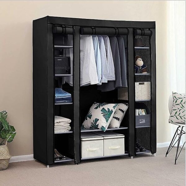 FS Fabric Canvas Wardrobe Cloth Wardrobes For Bedroom Clothes Storage Organiser With Hanging Rail Storage Cupboard Unit (Black)