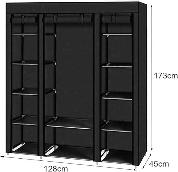 FS Fabric Canvas Wardrobe Cloth Wardrobes For Bedroom Clothes Storage Organiser With Hanging Rail Storage Cupboard Unit (Black)