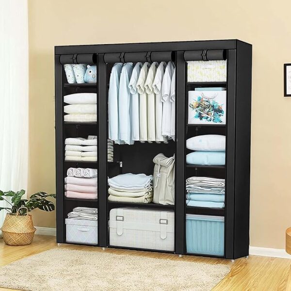 FS Fabric Canvas Wardrobe Cloth Wardrobes For Bedroom Clothes Storage Organiser With Hanging Rail Storage Cupboard Unit (Black)