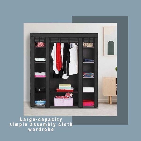 FS Fabric Canvas Wardrobe Cloth Wardrobes For Bedroom Clothes Storage Organiser With Hanging Rail Storage Cupboard Unit (Black)
