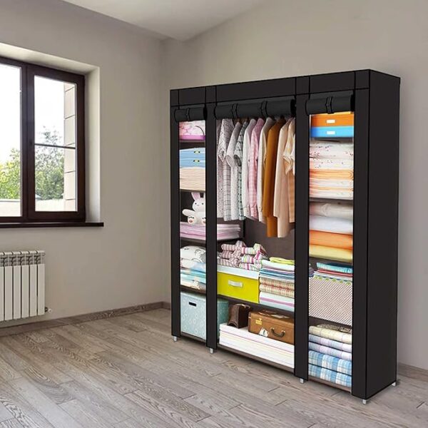 FS Fabric Canvas Wardrobe Cloth Wardrobes For Bedroom Clothes Storage Organiser With Hanging Rail Storage Cupboard Unit (Black)