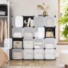 FS16-Cube Storage Wardrobe Unit, Shoe Rack, Stackable Cubes, Plastic Closet Cabinet, Wardrobe, with Doors, for Bedroom, Office, Easy to Assemble, Black and White LPC44HS