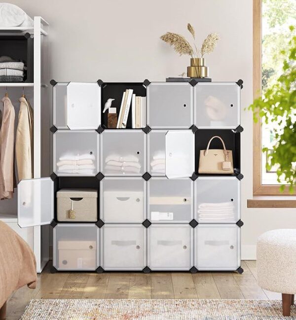 FS16-Cube Storage Wardrobe Unit, Shoe Rack, Stackable Cubes, Plastic Closet Cabinet, Wardrobe, with Doors, for Bedroom, Office, Easy to Assemble, Black and White LPC44HS