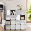 FS16-Cube Storage Wardrobe Unit, Shoe Rack, Stackable Cubes, Plastic Closet Cabinet, Wardrobe, with Doors, for Bedroom, Office, Easy to Assemble, Black and White LPC44HS