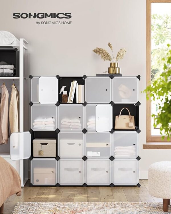 FS16-Cube Storage Wardrobe Unit, Shoe Rack, Stackable Cubes, Plastic Closet Cabinet, Wardrobe, with Doors, for Bedroom, Office, Easy to Assemble, Black and White LPC44HS