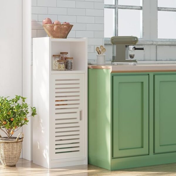 FRAMESPOT 3 Tier Bathroom Floor Cabinet, White Storage Cabinet with Door, Free Standing Shelf Unit for Bathroom, Living Room, Bedroom, Kitchen, Balcony or Office (Door Style 2)