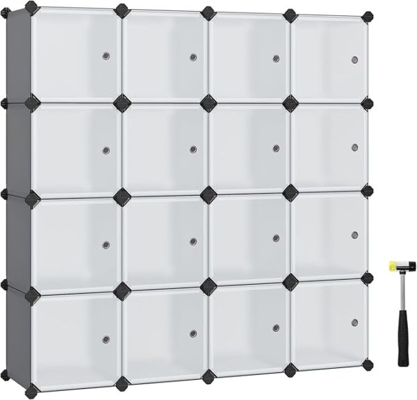 FRAMESPOT 16-Cube Storage Unit, Shoe Rack, Stackable Cubes, Plastic Closet Cabinet, Wardrobe, with Doors, for Bedroom, Office