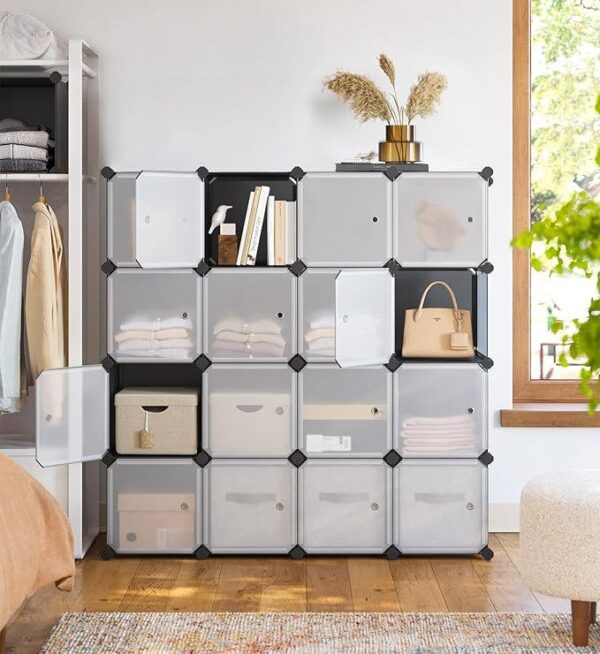 FRAMESPOT 16-Cube Storage Unit, Shoe Rack, Stackable Cubes, Plastic Closet Cabinet, Wardrobe, with Doors, for Bedroom, Office