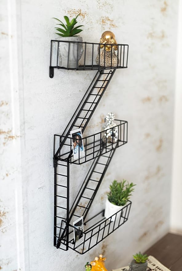 Wall Shelf, Fun Shelving, Fire Escape Look Floating Shelf Unit, Black Display Storage